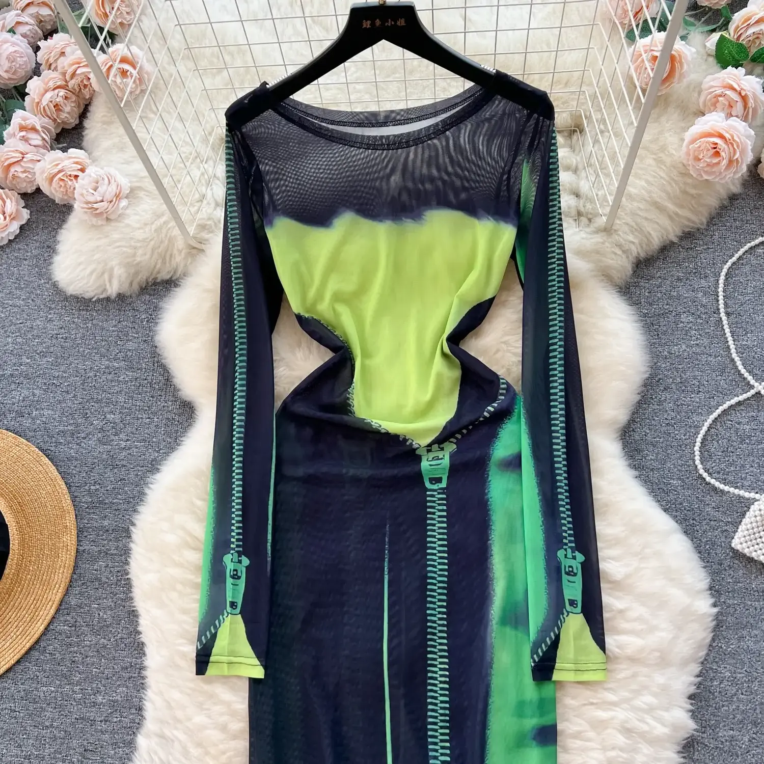 QJIA  Autumn Women's Tulle Long-sleeved Dress 2023 New Print Zipper Elastic High Waist Irregular Color Matching Sexy Dress