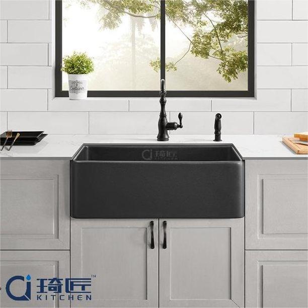 Hot Sale Black Quartz Granite Farmhouse Kitchen Sink Gunmetal Black Single Bowl Kitchen Farm Sinks