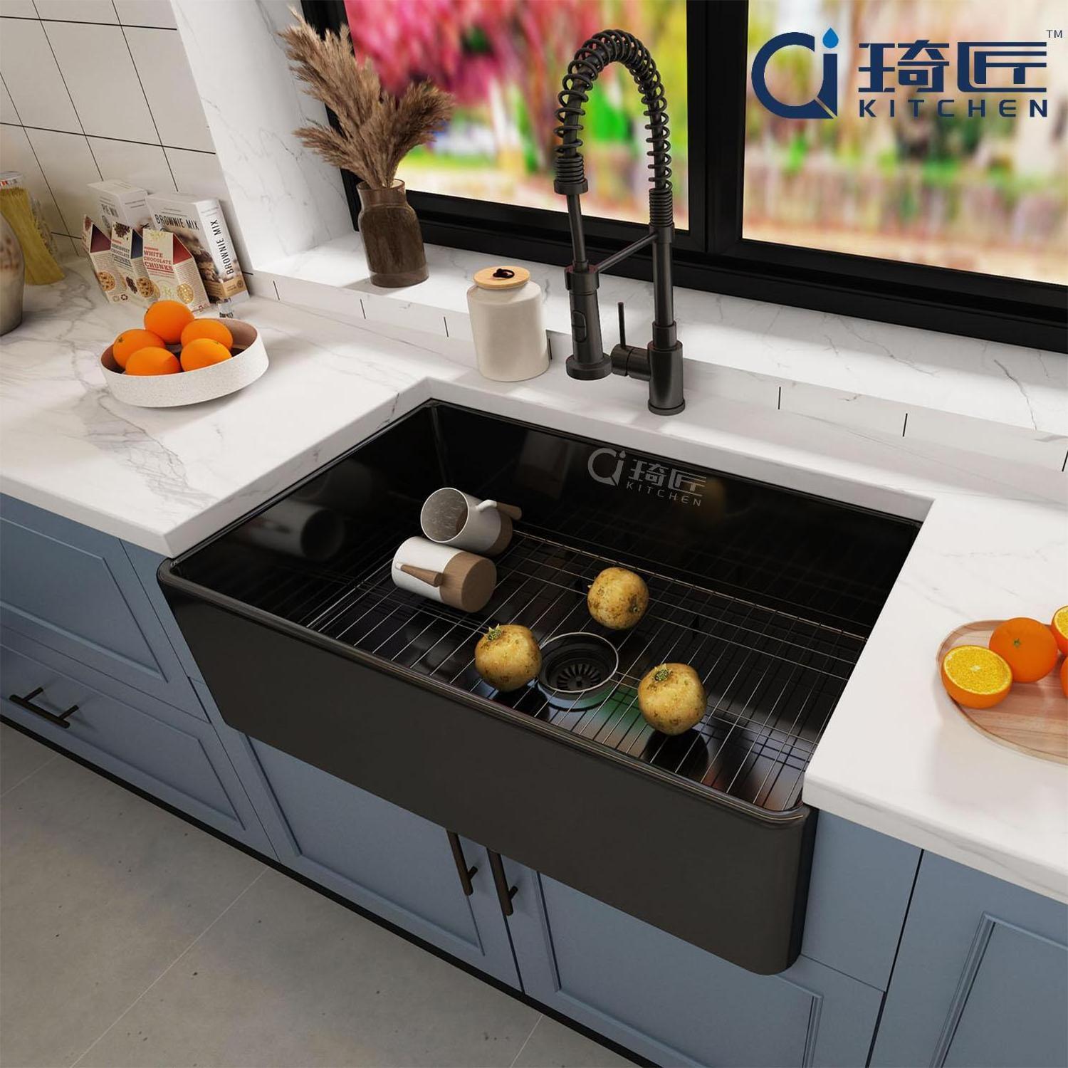 Hot Sale Black Quartz Granite Farmhouse Kitchen Sink Gunmetal Black Single Bowl Kitchen Farm Sinks