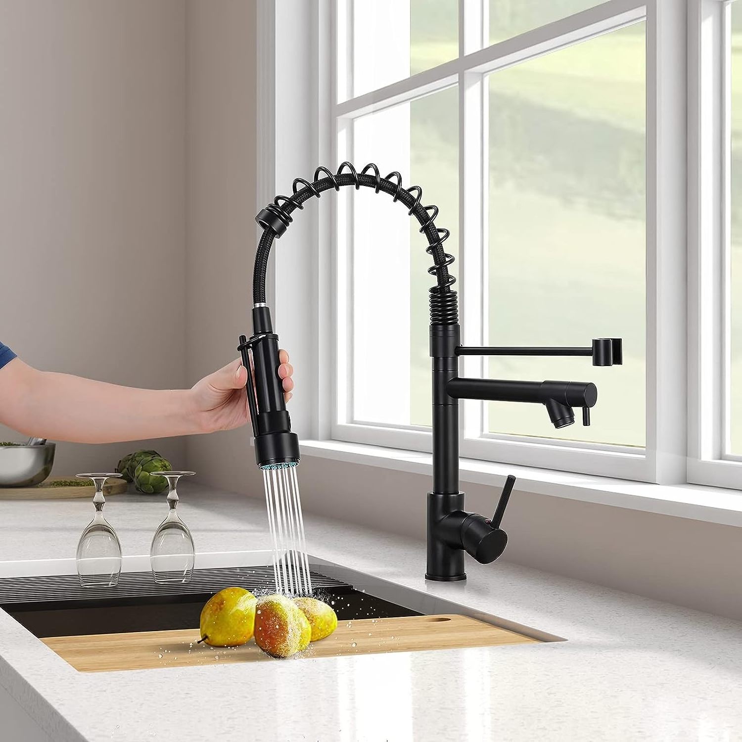 Matte Black Single Handle 2 Spout Spring Faucet Commercial Kitchen Faucet with Pull Down Sprayer