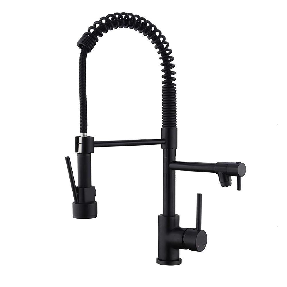 Matte Black Single Handle 2 Spout Spring Faucet Commercial Kitchen Faucet with Pull Down Sprayer