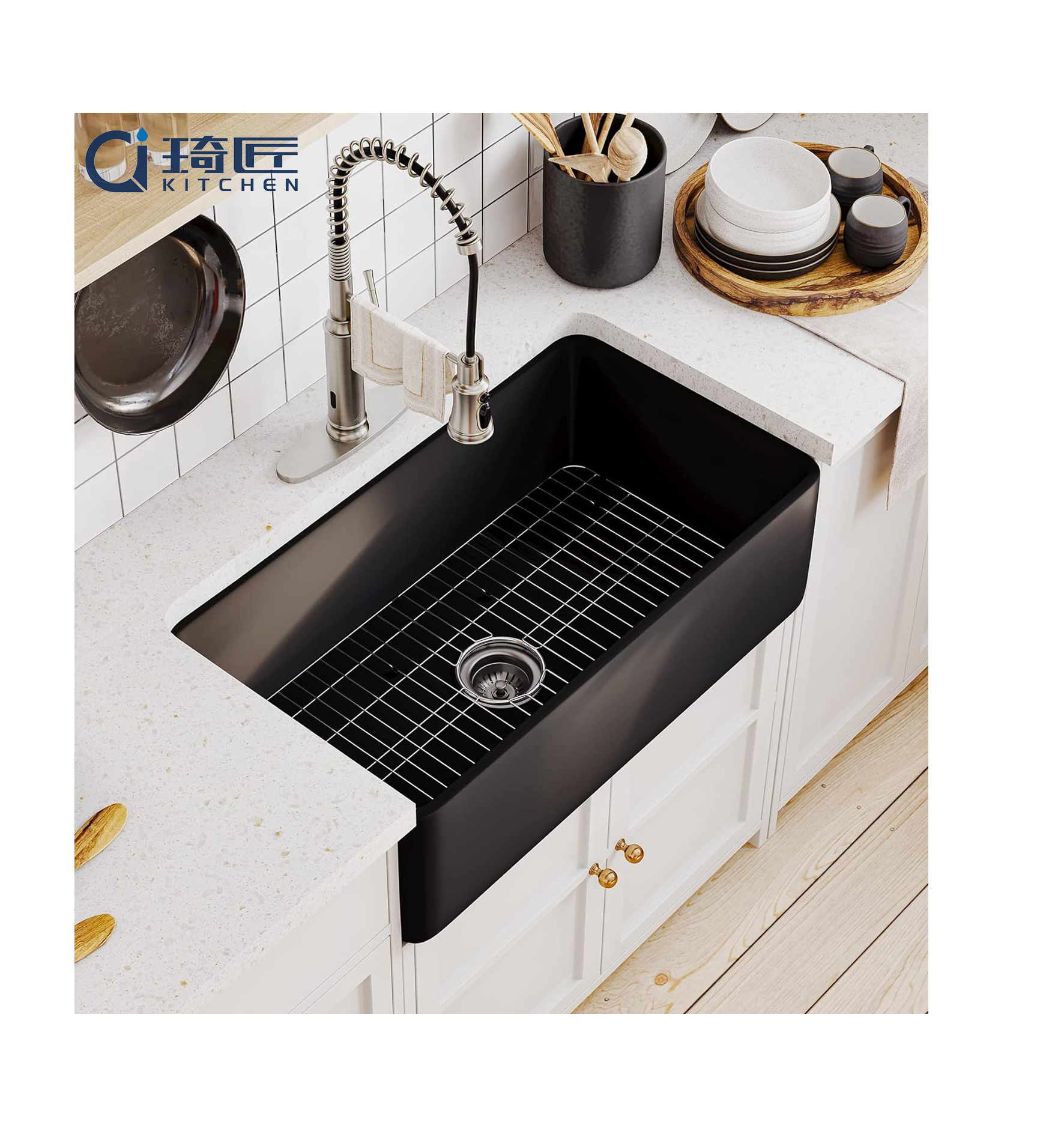 Hot Sale Black Quartz Granite Farmhouse Kitchen Sink Gunmetal Black Single Bowl Kitchen Farm Sinks