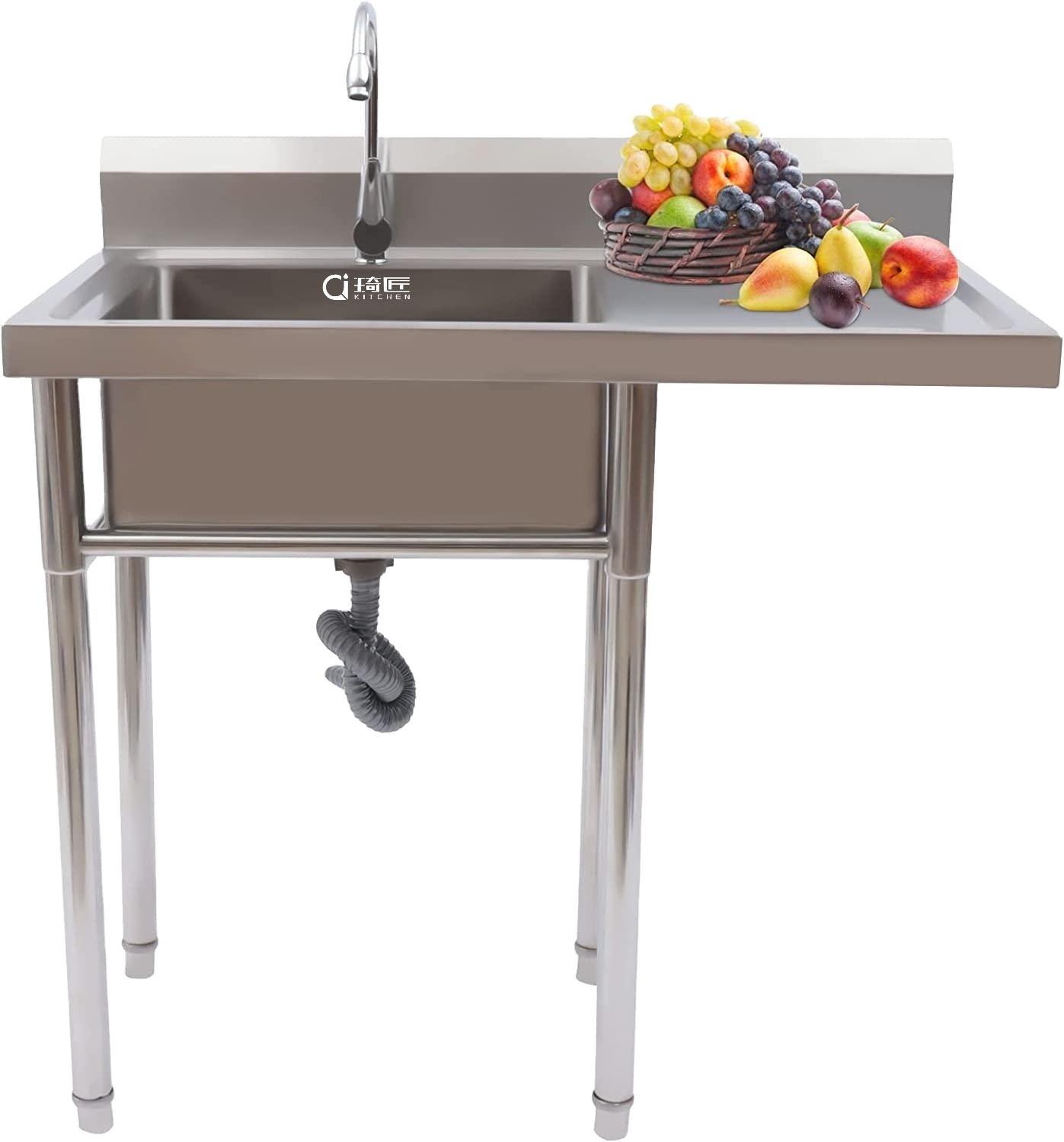 Modern Garage Stainless Steel Kitchen Sink 1 Compartment Free Standing Utility Sink with One Side Drainboard