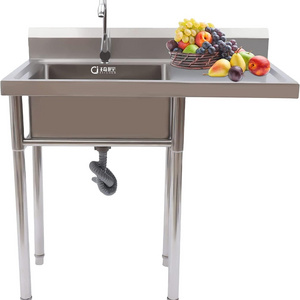 Modern Garage Stainless Steel Kitchen Sink 1 Compartment Free Standing Utility Sink with One Side Drainboard