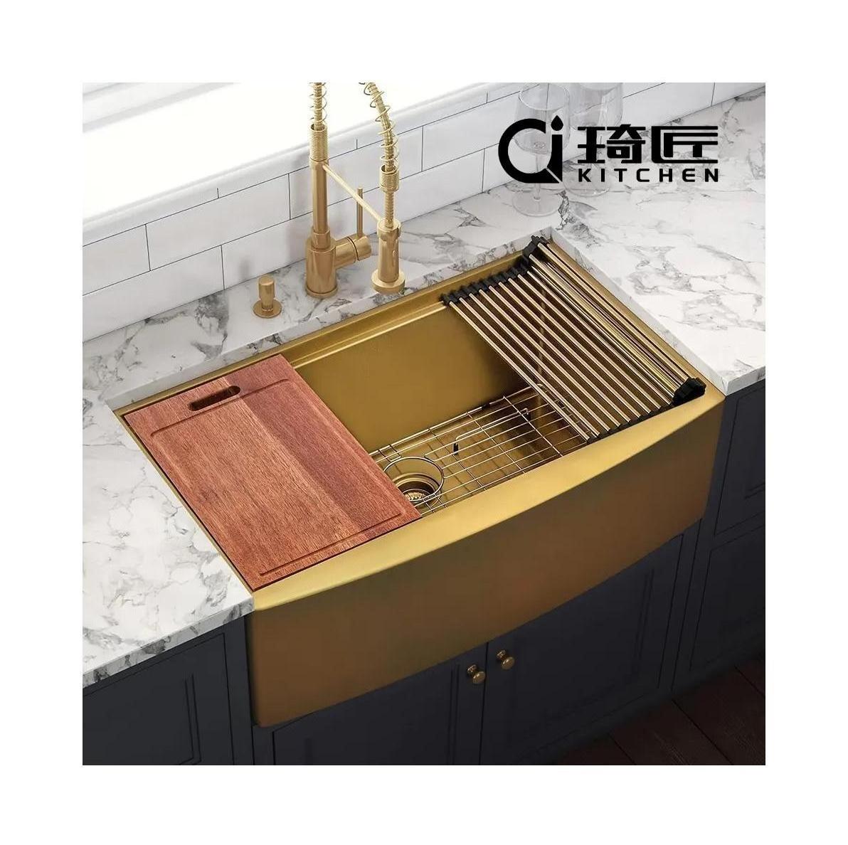 Factory Direct Gold Color Black Gold Rose gold Stainless Steel Single Bowl Handmade Apron Front Nano Farmhouse Kitchen Sink