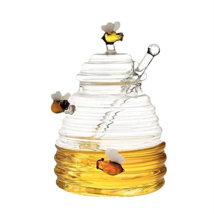 Wholesale Handmade Honey Container Clear Food Grade Glass Honey Canister Jar With Bees And Glass Stirring Rob Luxury