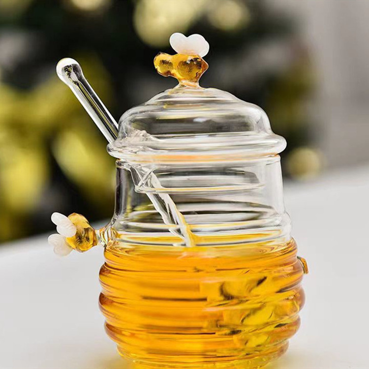 Wholesale Handmade Honey Container Clear Food Grade Glass Honey Canister Jar With Bees And Glass Stirring Rob Luxury