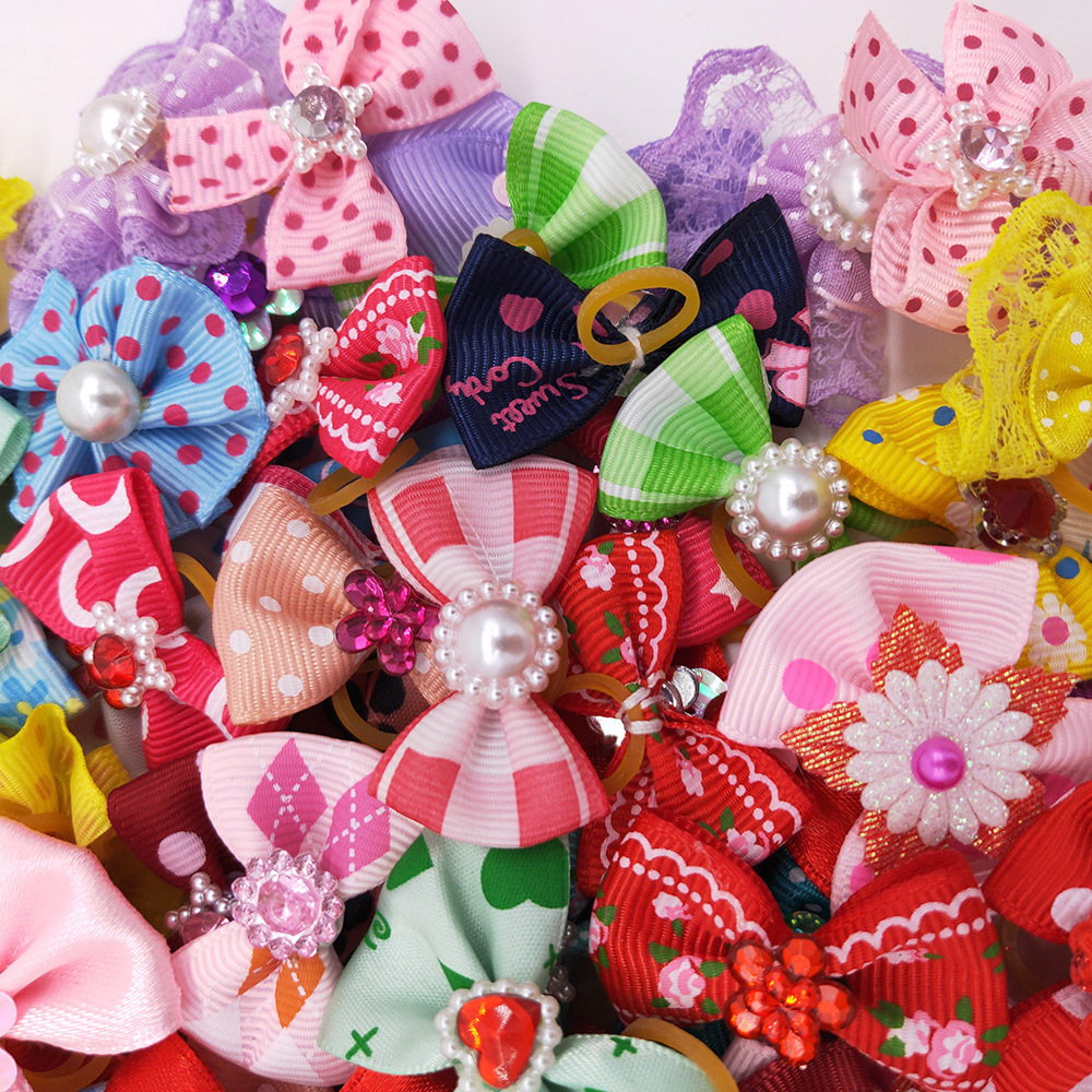 Cute Small Dog Bows Hair Bows with Rubber Bands Bulk Mini Pretty Dog Bows Pet Puppy Yorkie Dog Hair Grooming Accessories