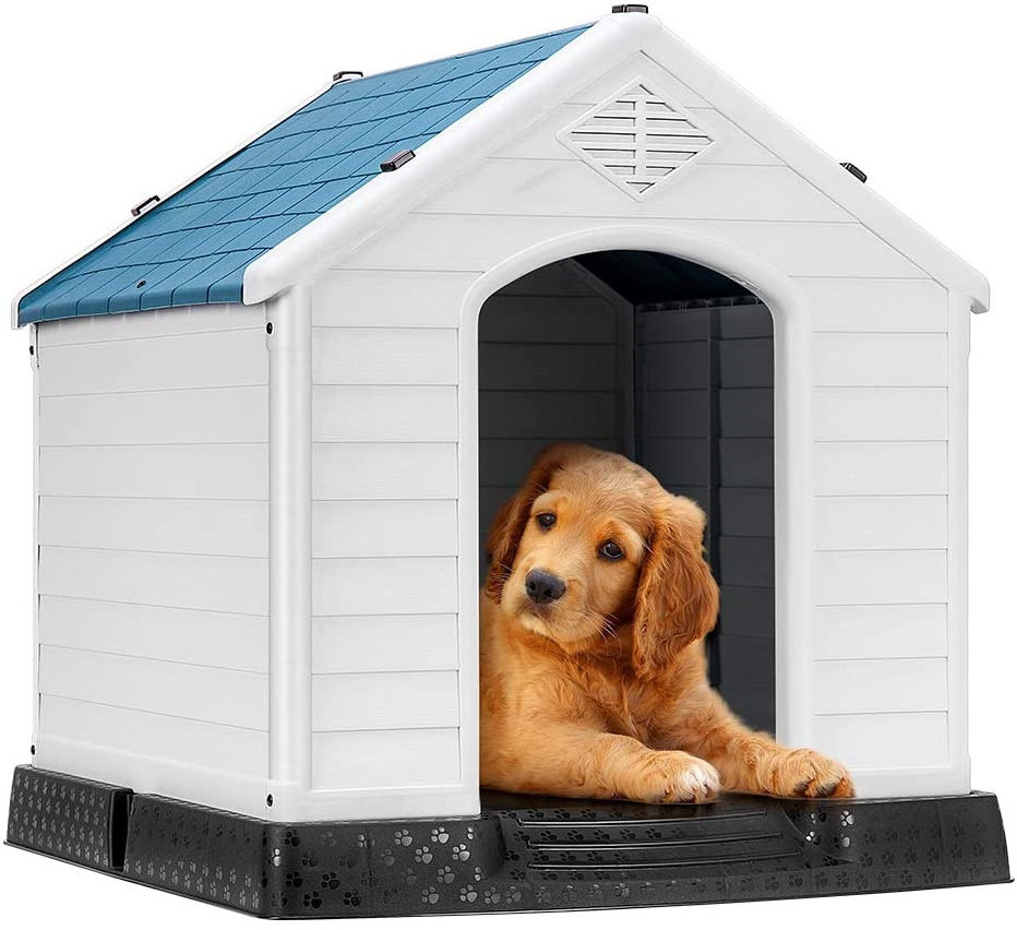 Durable Waterproof Plastic Pet Dog House Indoor Outdoor Puppy Shelter Kennel with Air Vents and Elevated Floor