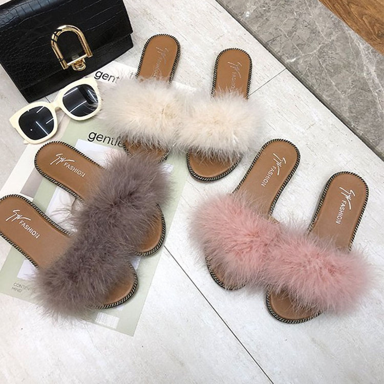 2020 Customized made sandals ostrich feather fur slides slide sandal leather slippers shoes