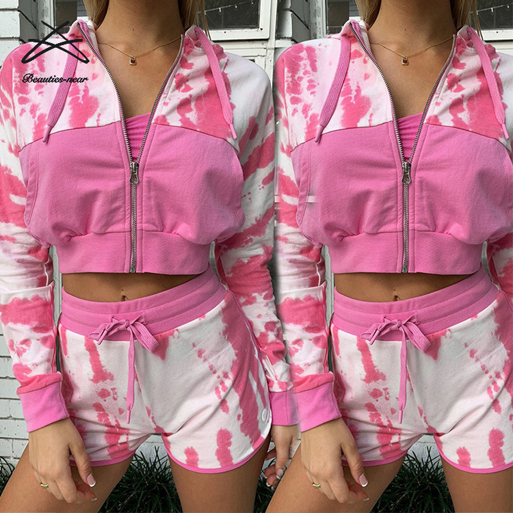 New 2 Two Piece Shorts Set Women Pink Outfit Spring Autumn Jacket Pants Set Ladies Joggers Tracksuit Tie Dyed Sweat Suits