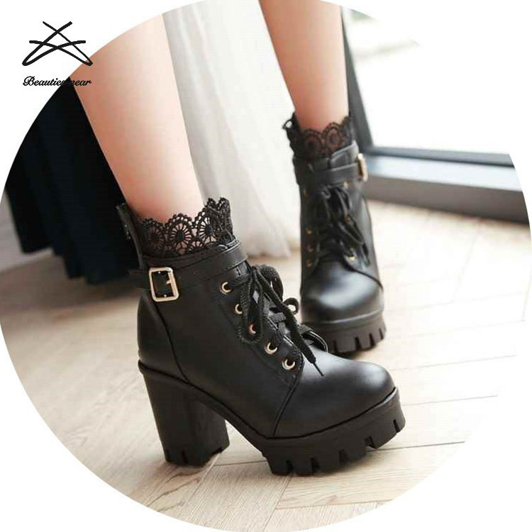 Women Lace Up Thick Heel Punk Rock Ladies Ankle Shoes Ladies High Heel Boots Shoes