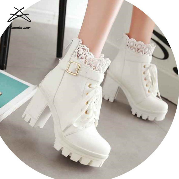 Women Lace Up Thick Heel Punk Rock Ladies Ankle Shoes Ladies High Heel Boots Shoes