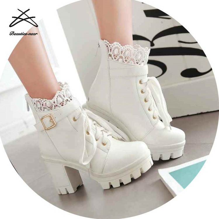 Women Lace Up Thick Heel Punk Rock Ladies Ankle Shoes Ladies High Heel Boots Shoes