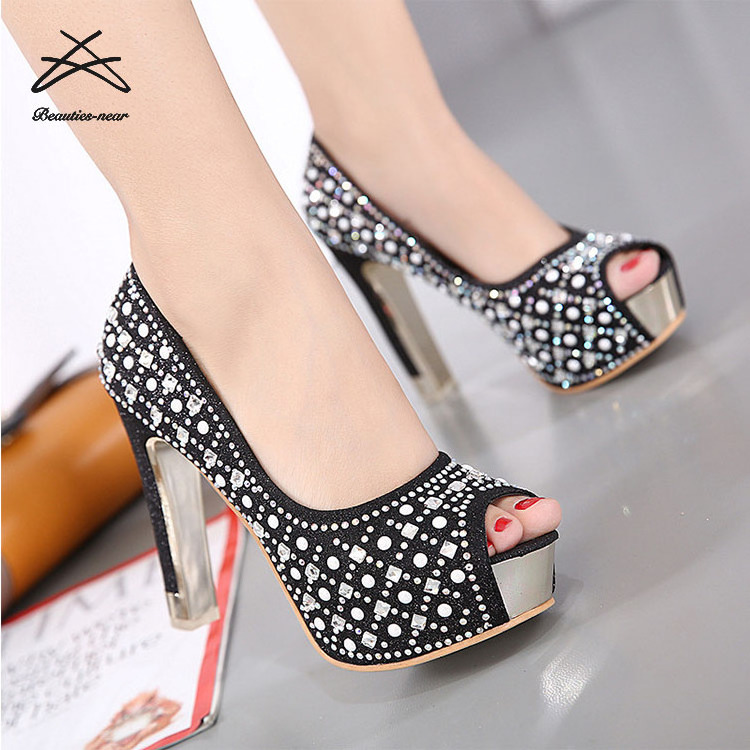 12cm Fashion Sexy Ladies Open Head Fish Mouth Bridal Women Rhinestone Wedding Heels Stilettos Ladies Wedding Dress Pumps Shoes