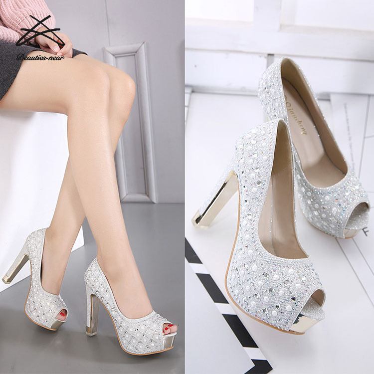 12cm Fashion Sexy Ladies Open Head Fish Mouth Bridal Women Rhinestone Wedding Heels Stilettos Ladies Wedding Dress Pumps Shoes