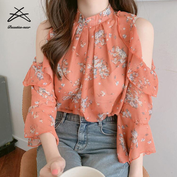 Wholesale Asian Flower Print Ladies Fashion Casual Women Summer Chiffon Sexy Flare Shirt Top Blouse