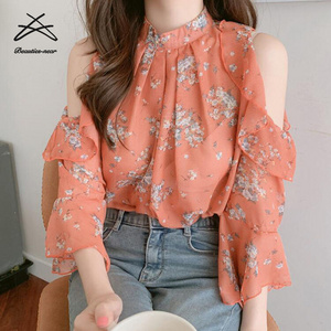 Wholesale Asian Flower Print Ladies Fashion Casual Women Summer Chiffon Sexy Flare Shirt Top Blouse