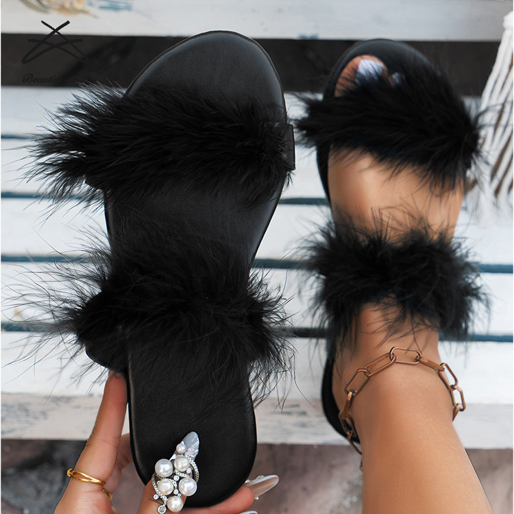 Womens New Arrival Summer Fashion Fluffy Customized Ostrich Feather Slides Women Real Fur Sandals Flat Slides Slippers Shoes