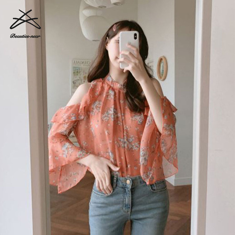 Wholesale Asian Flower Print Ladies Fashion Casual Women Summer Chiffon Sexy Flare Shirt Top Blouse