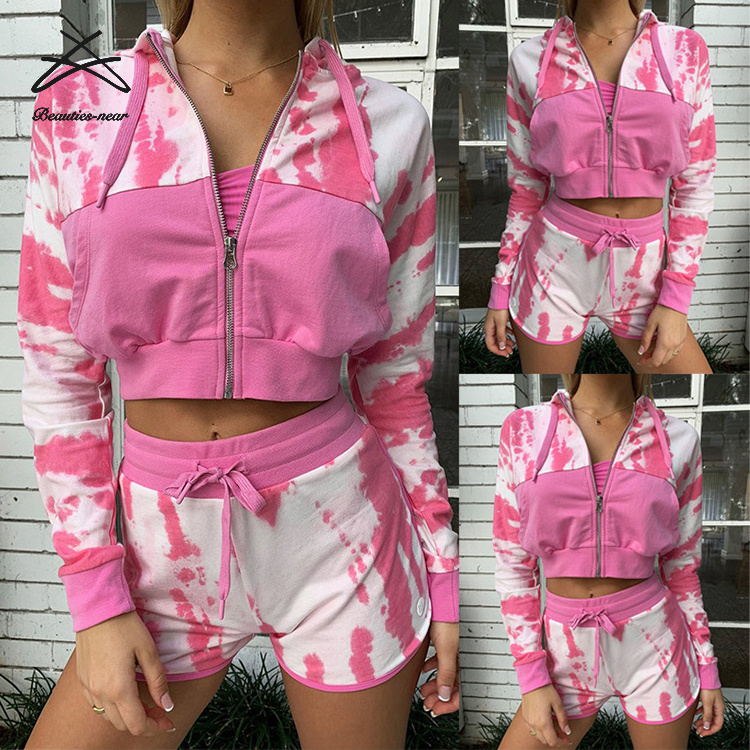 New 2 Two Piece Shorts Set Women Pink Outfit Spring Autumn Jacket Pants Set Ladies Joggers Tracksuit Tie Dyed Sweat Suits