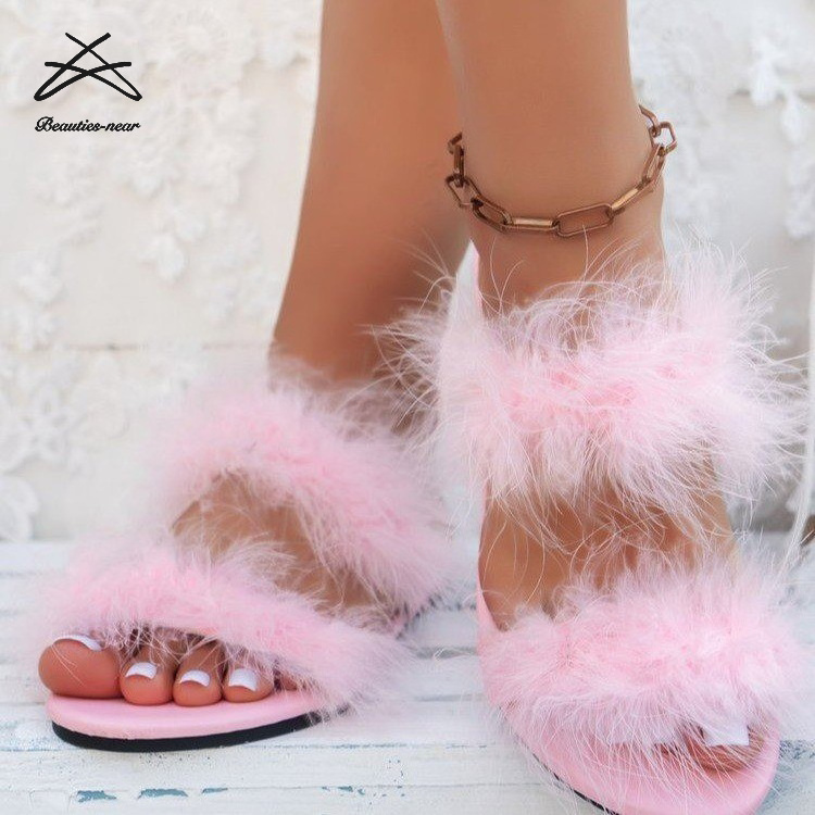 Womens New Arrival Summer Fashion Fluffy Customized Ostrich Feather Slides Women Real Fur Sandals Flat Slides Slippers Shoes