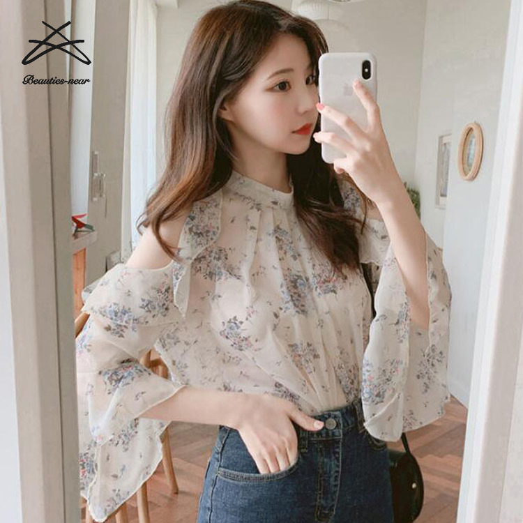 Wholesale Asian Flower Print Ladies Fashion Casual Women Summer Chiffon Sexy Flare Shirt Top Blouse