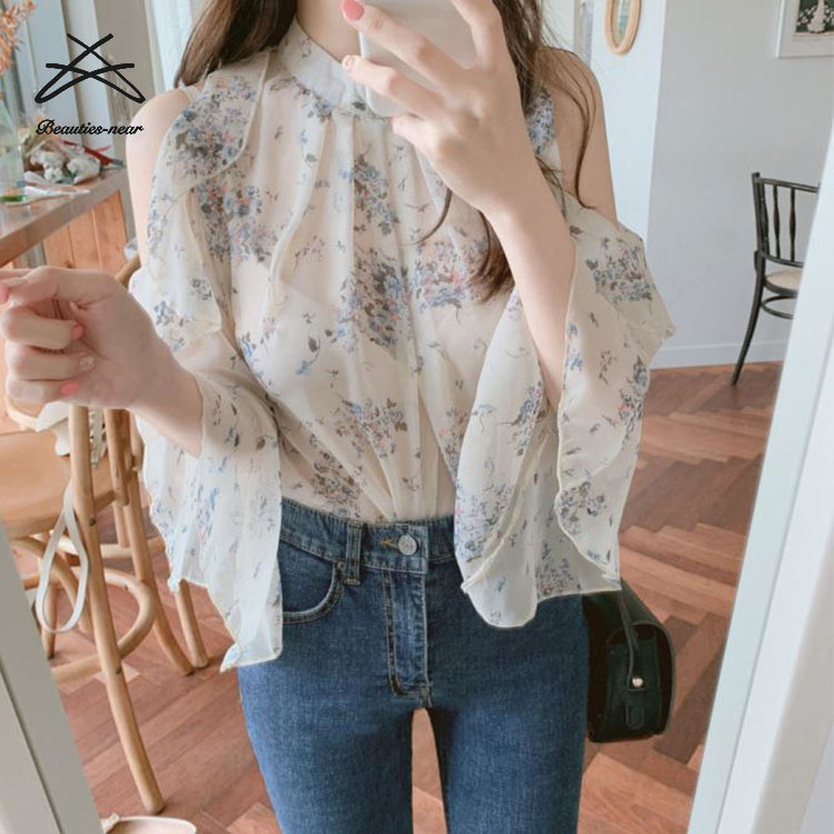 Wholesale Asian Flower Print Ladies Fashion Casual Women Summer Chiffon Sexy Flare Shirt Top Blouse