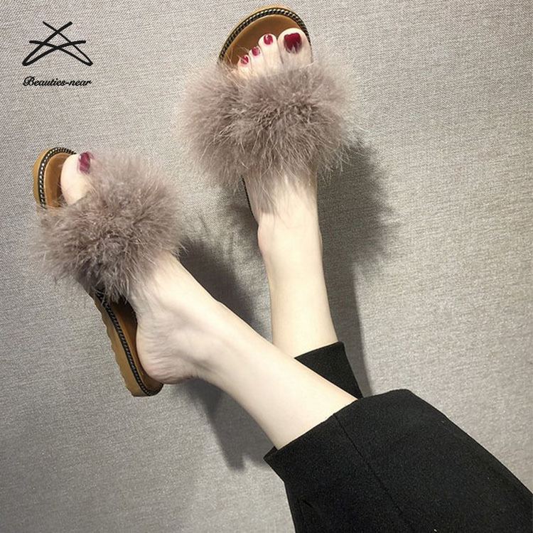 2020 Customized made sandals ostrich feather fur slides slide sandal leather slippers shoes