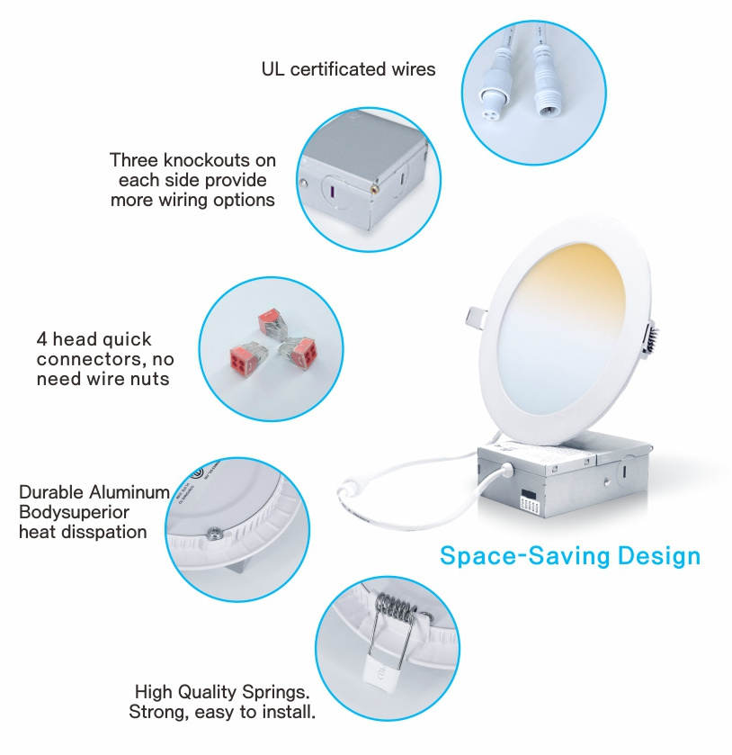 ETL approval Ultra Thin Dimmable and CCT Changeable 6inch 12W AC100-120V  LED Recessed Pot Lights