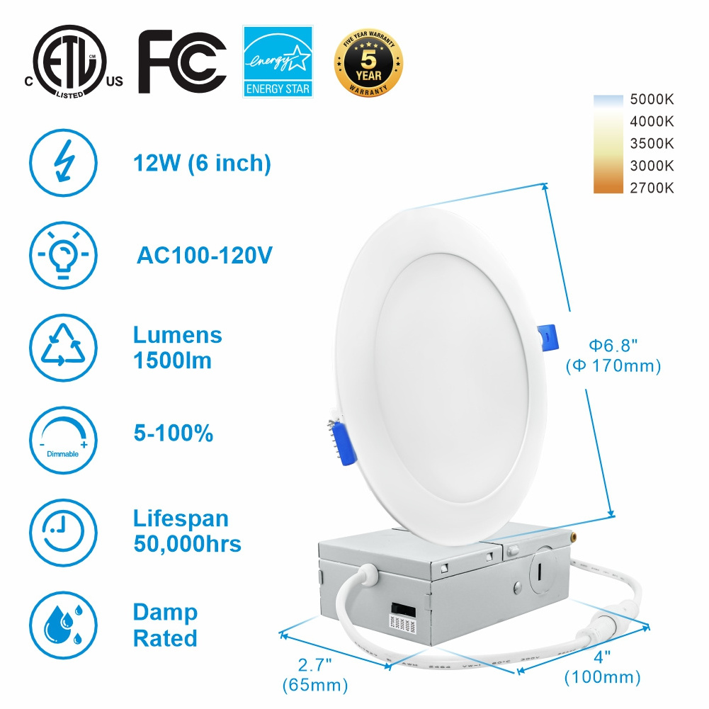 Canada Hot selling 4/6 Inch Ultra Thin LED Recessed Ceiling Lights 9W 12W Dimmable Slim Pot Light with Junction Box