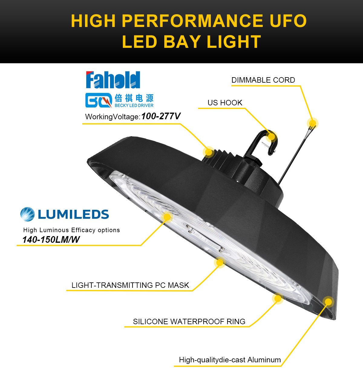 ETL UFO LED High Bay Light Lighting for Warehouse 5000K Daylight 240W 36000 LM 1-10V Dimmable 1-10V IP65 Waterproof Super bright