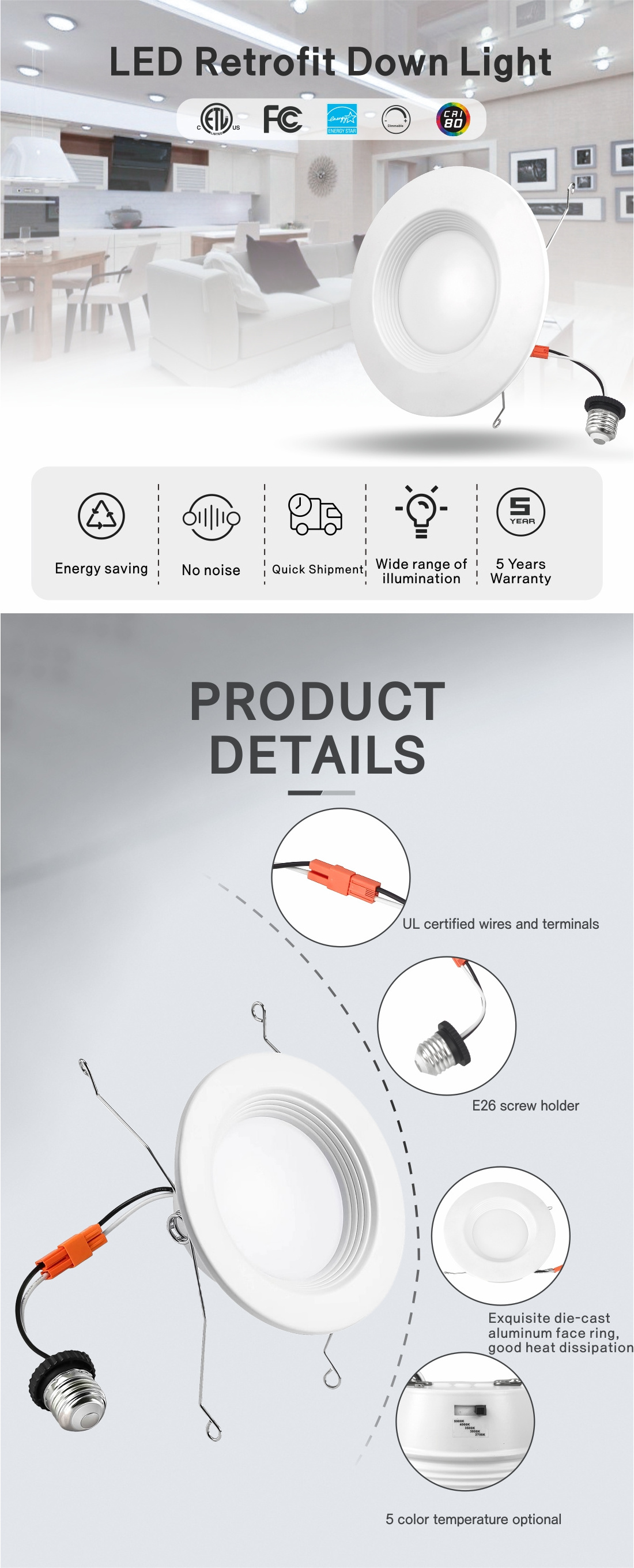 4/6 Inch White Retrofit LED Recessed Downlight 9W/12W Triac Dimmable 5CCT Downlight