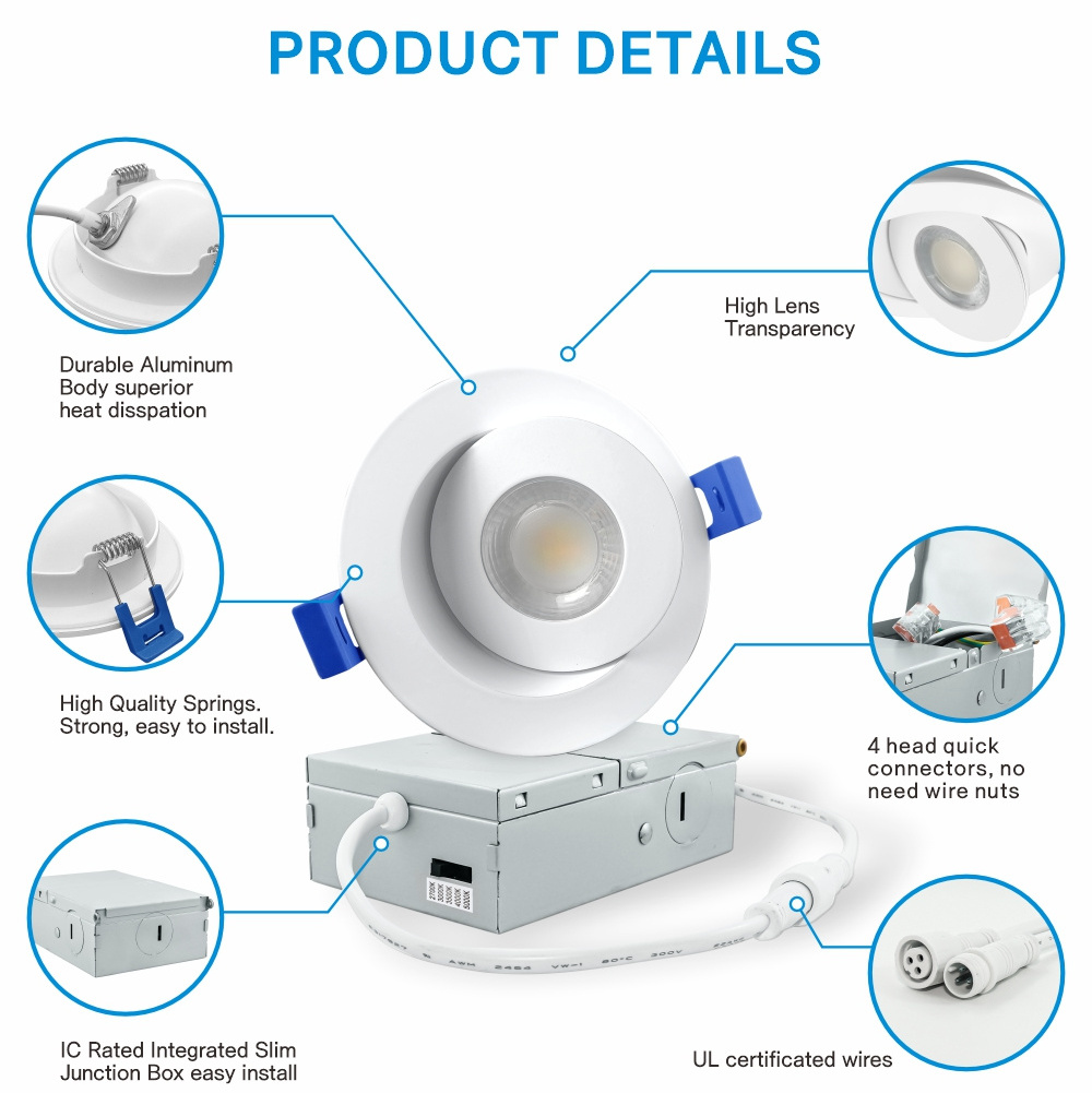 3 Inch Gimbal LED Recessed Light with Junction Box CRI 90+ Dimmable Adjustable Eyeball Downlight 8W Canless LED Ceililing light