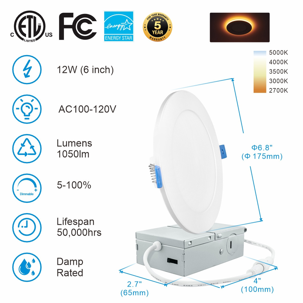 ETL FCC 4 in 6 Inch color selectable LED Recessed Ceiling Light with Junction Box Brightness Dimmable Canless Wafer night light