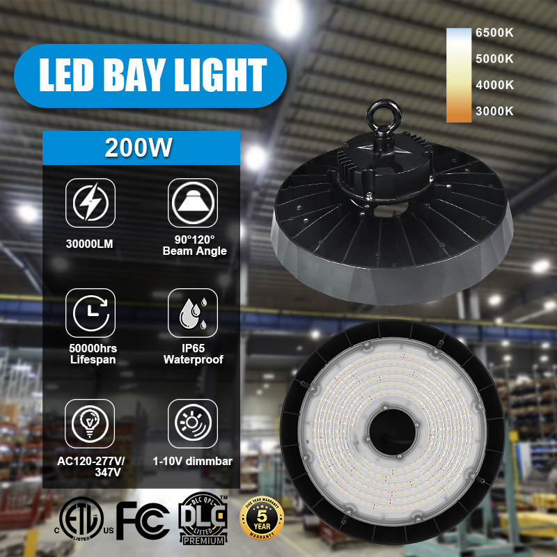 Dimmable UFO Led High Bay Light Durable Shop Lighting with US Plug Safe Commercial Light Fixture for Pole Barn Garage Warehouse