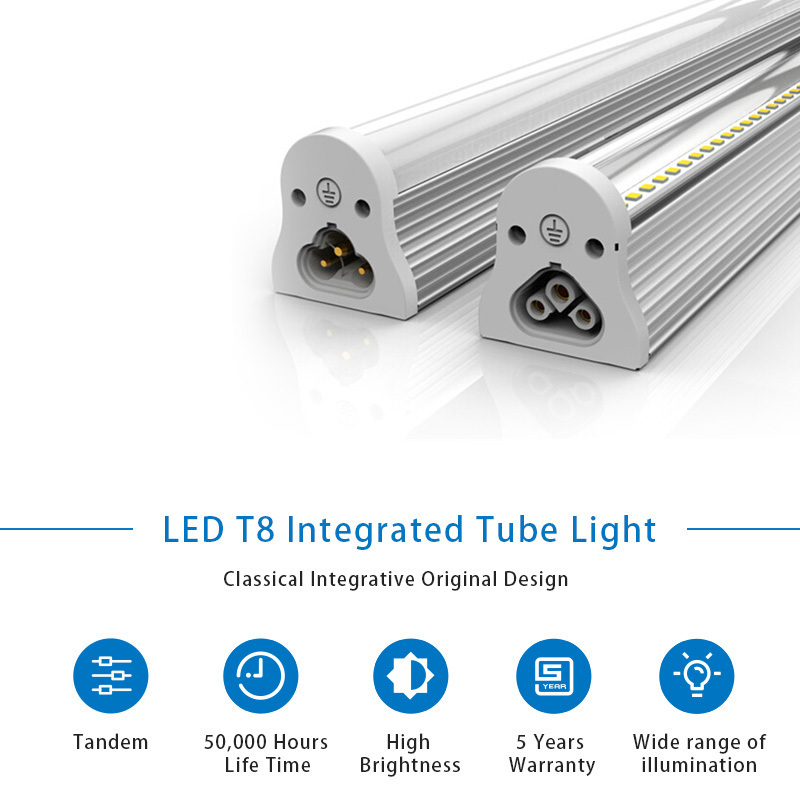 T8 4FT LED Integrated Tube Light Fixture 18W Shop Light 6000K Clear Milky frosted Cover 600mm 1200mm indoor connectable lamp