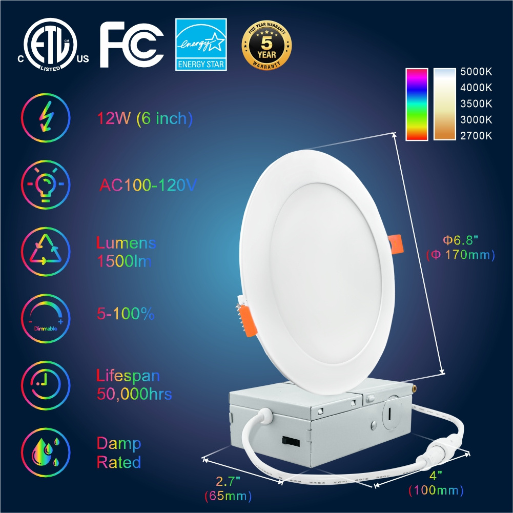 6 Inch Smart WiFi Bluetooth Recessed Lights 13W Smart Recessed Lighting Ultra-Thin and Anti-Glare Trim Smart LED Light RGBCW