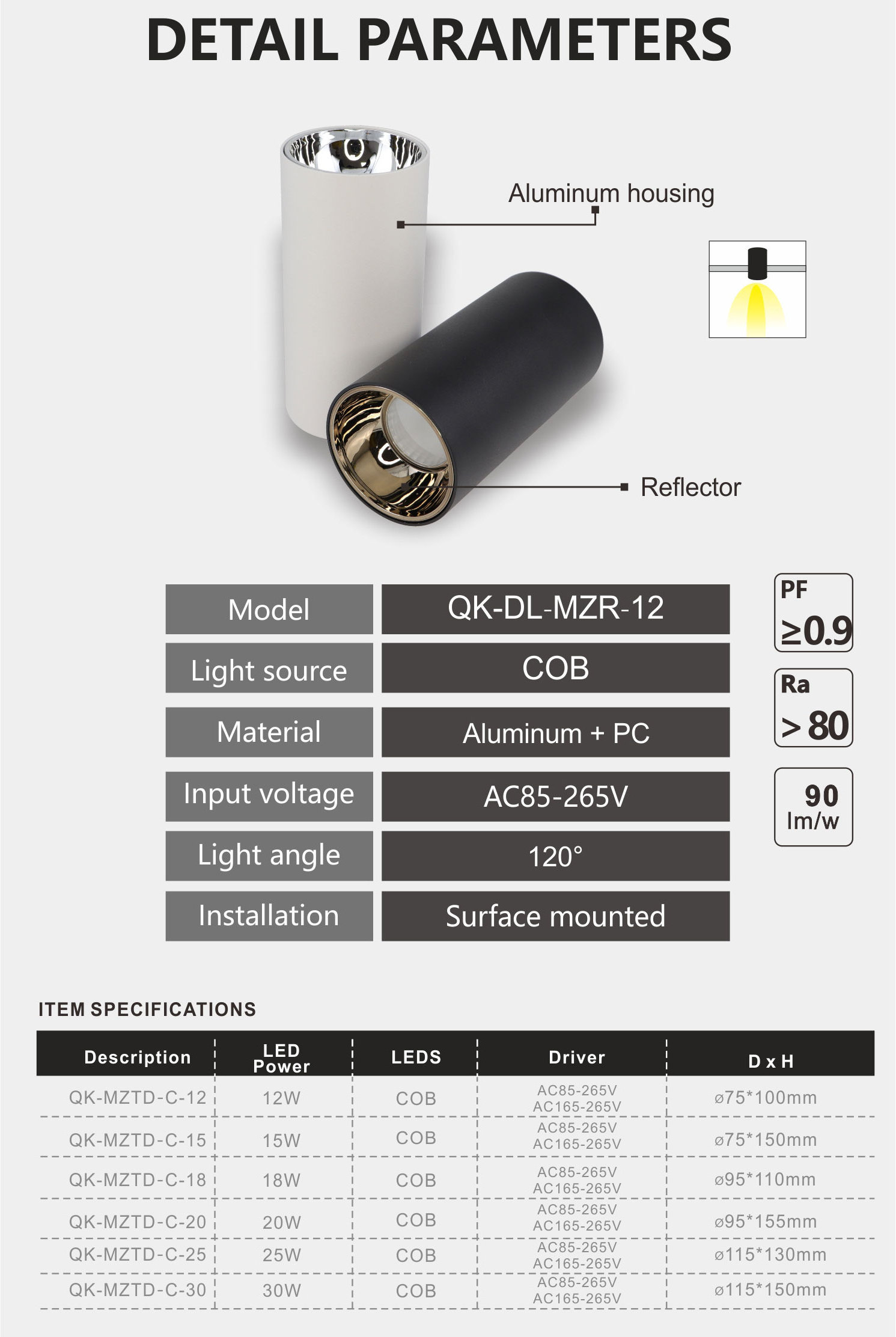 7w 12w 15w LED Ip33 spotlight aluminum indoor and outdoor ceiling surface mount  downlights  cylinder downlight