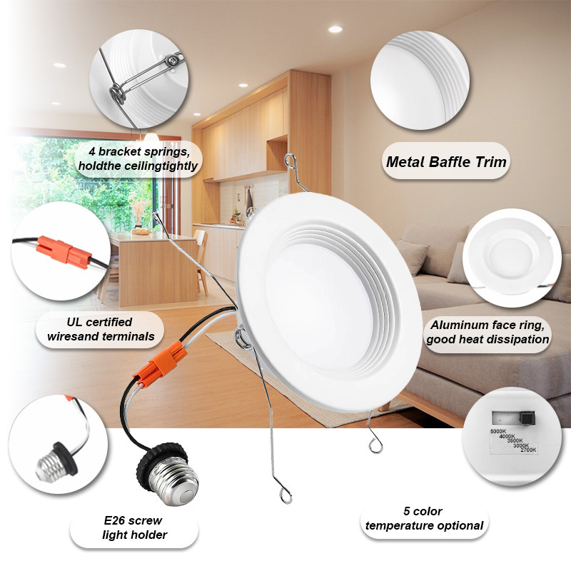 4 in /6 in Selectable CCT Integrated LED Recessed Light 5%-100% Triac Dimmable LED Retrofit Down Light Fixture 90-130V