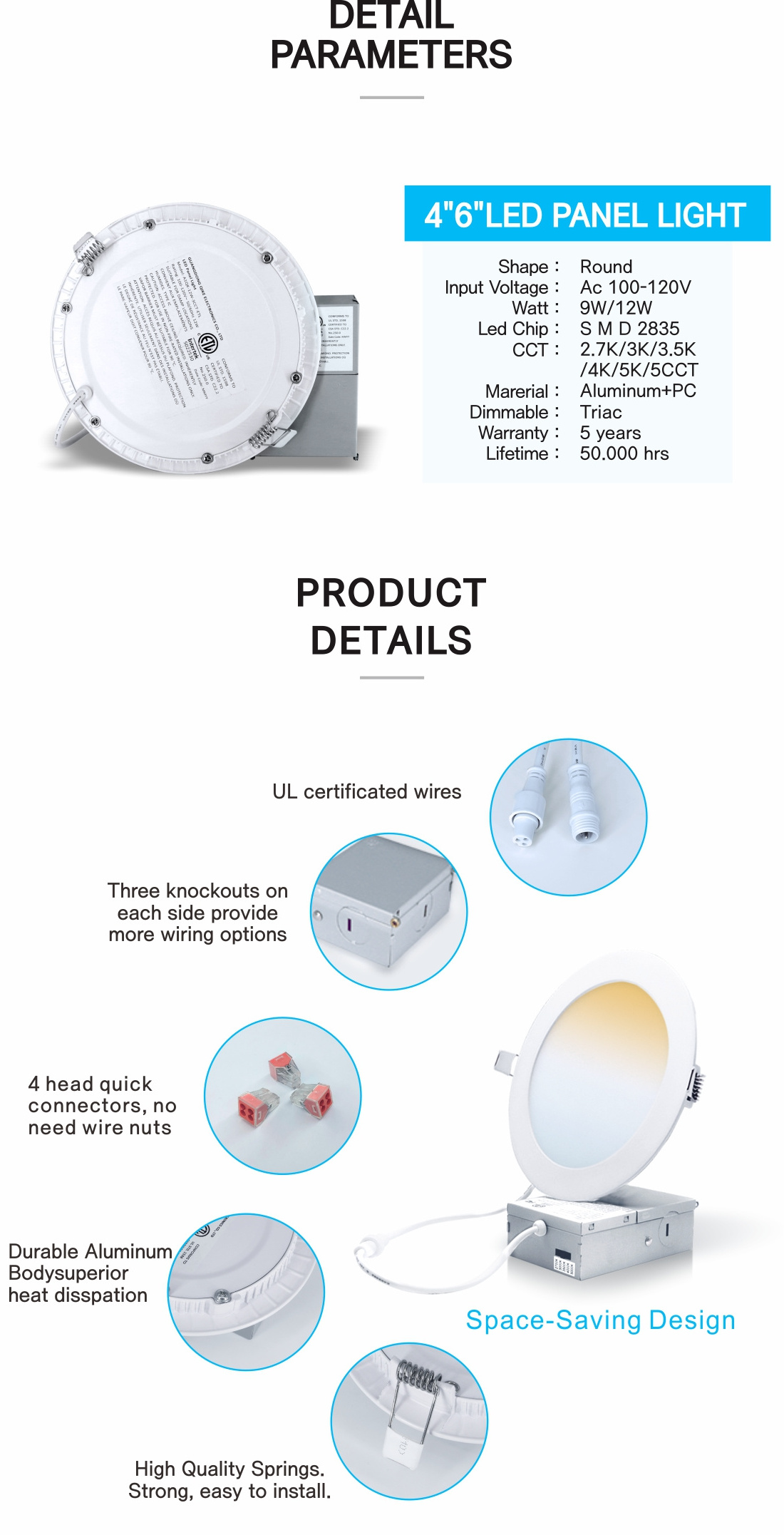 North America ETL FCC 4 6 inches 9W 12W 3CCT 5CCT LED Slim Panel recessed ceil Light Downlight Potlight With Junction Box