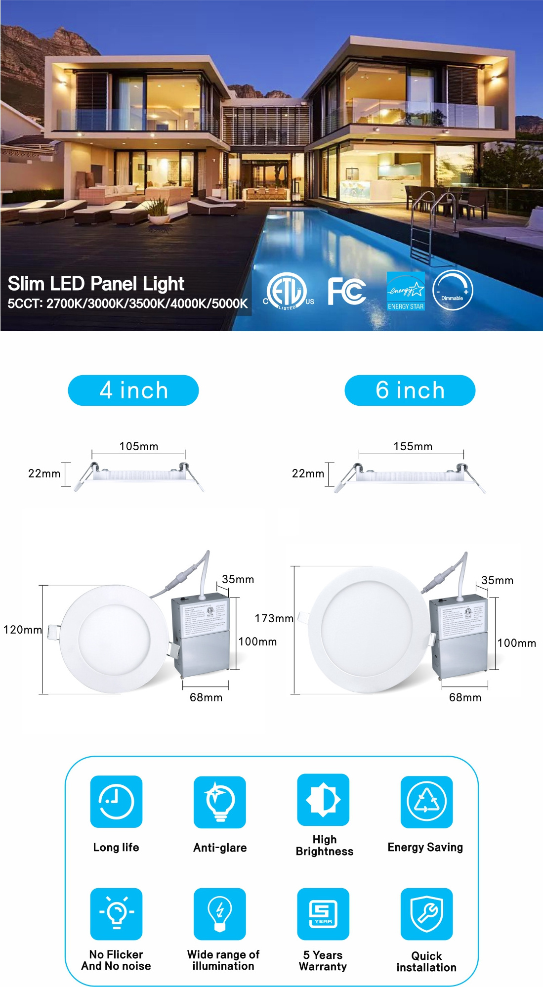 North America ETL FCC 4 6 inches 9W 12W 3CCT 5CCT LED Slim Panel recessed ceil Light Downlight Potlight With Junction Box