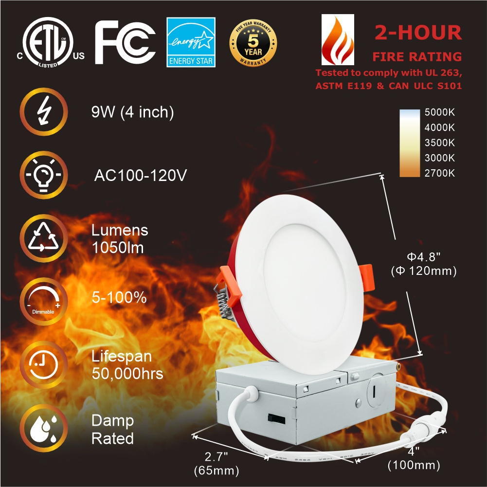 4 inch 6 Inch IC Damp rated LED Recessed Lighting 5CCT 2700K/3000K/3500K/4000K/5000K 2 Hour Fire Rating Dimmable Wafer Lights