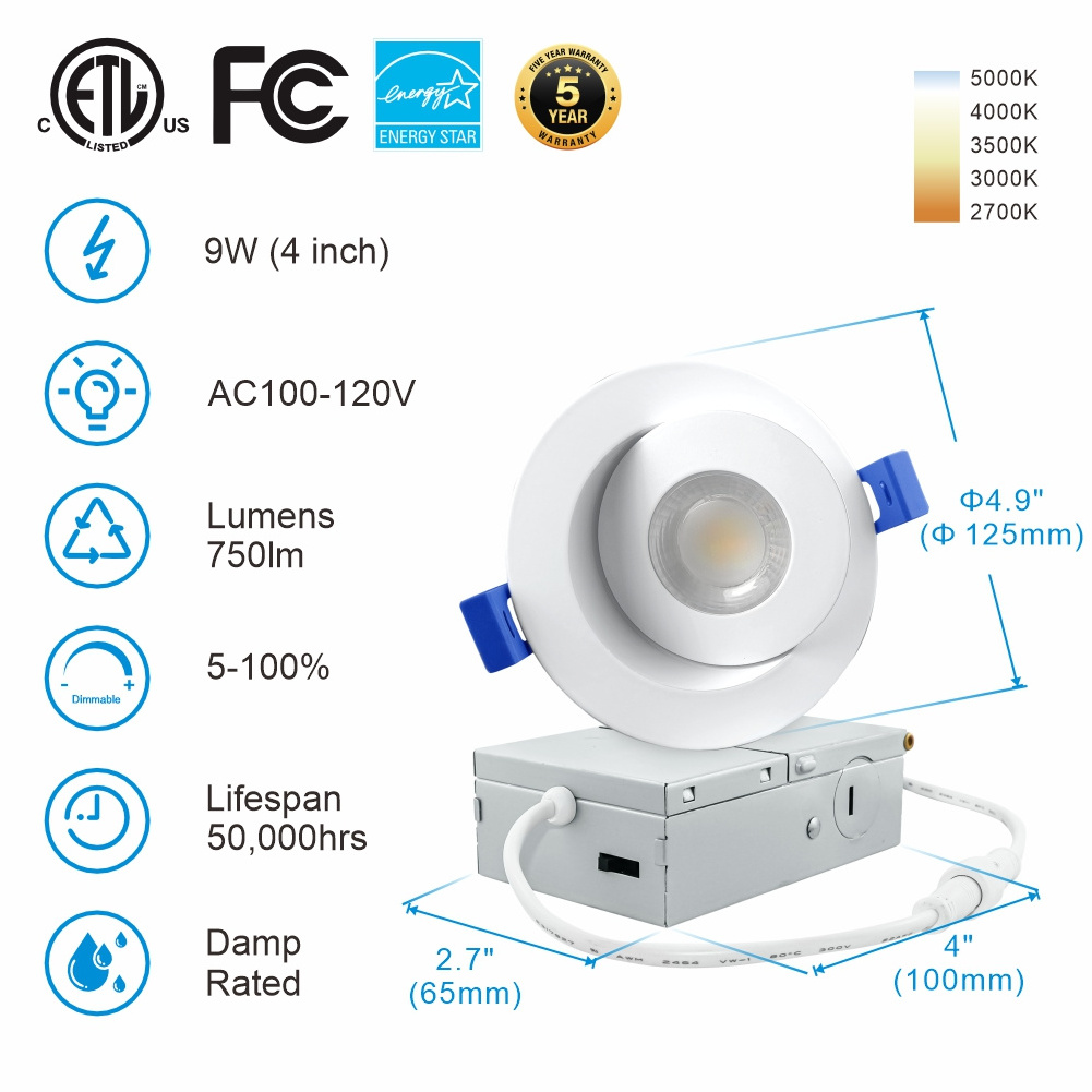 IC rated Recessed Lighting 4 Inch Canless LED Eyeball Gimbal Light color Selectable Dimmable Ceiling Downlight with Junction Box