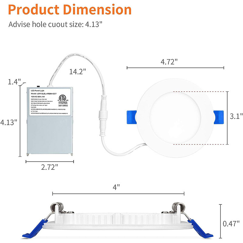 ETL / Energy Star 6 Inch Recessed Lighting with Night Light 12W 5CCT 1050LM Black Canless Wafer Pot lights/ Downlights 100-120V