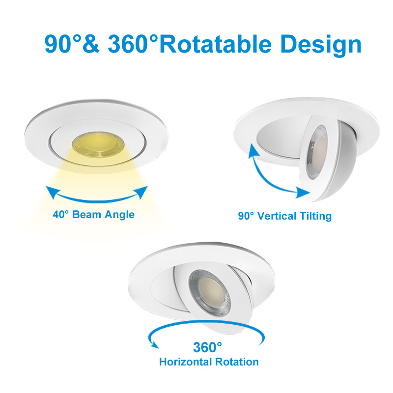 IC rated Recessed Lighting 4 Inch Canless LED Eyeball Gimbal Light color Selectable Dimmable Ceiling Downlight with Junction Box