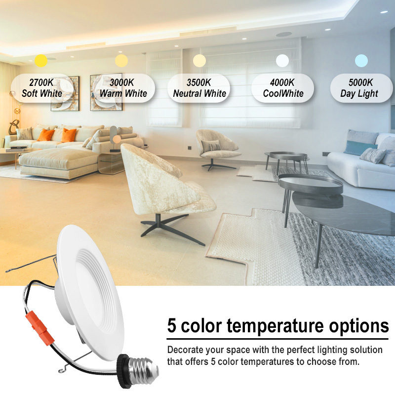 4 in /6 in Selectable CCT Integrated LED Recessed Light 5%-100% Triac Dimmable LED Retrofit Down Light Fixture 90-130V