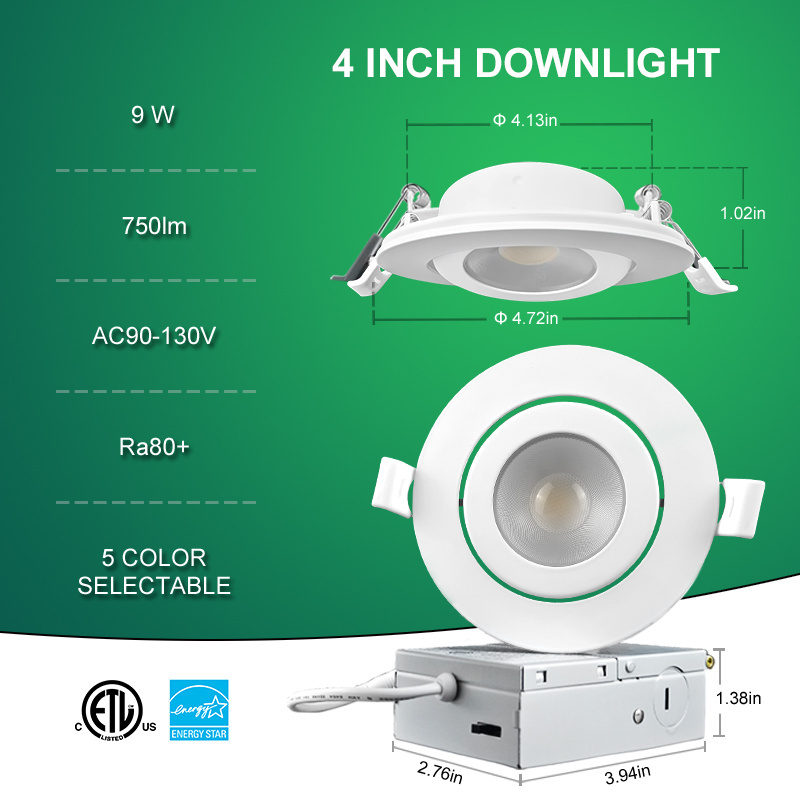 ETL 4/6 Inch Integrated LED Recessed Gimbal LED Light Selectable CCT 2700K-5000K Recessed LED Can Light ceiling and shower lamp