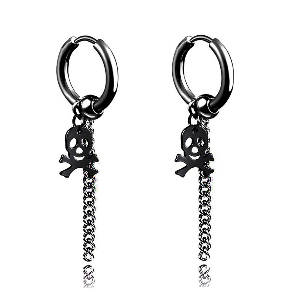 Mens Long Earings Stainless Steel Earrings Men Stud Chain Clip Dangle Punk Earrings For Men Black