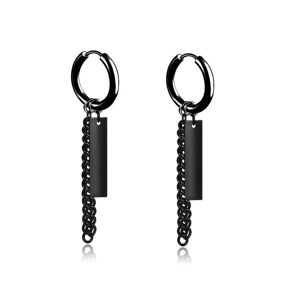 Mens Long Earings Stainless Steel Earrings Men Stud Chain Clip Dangle Punk Earrings For Men Black